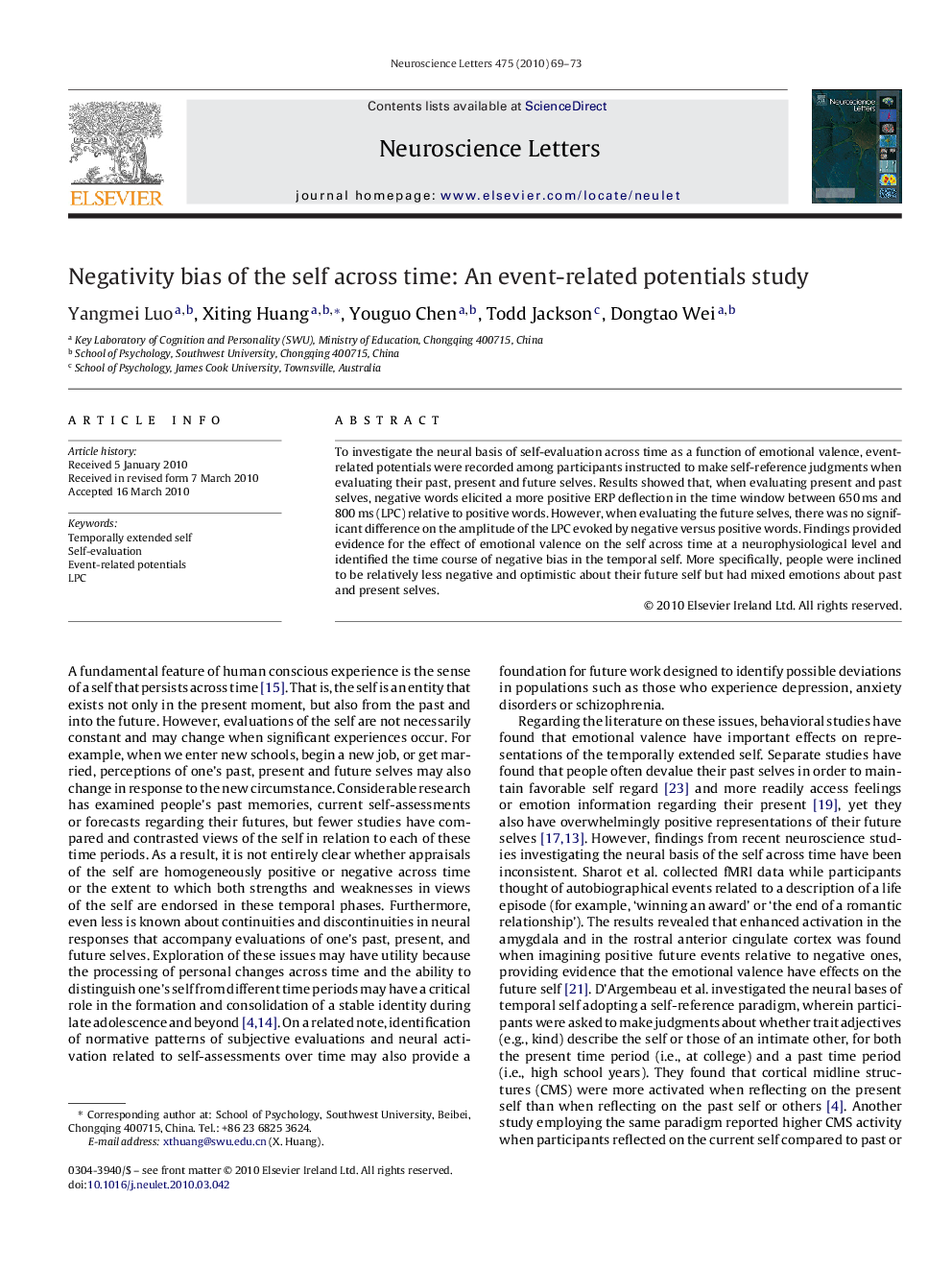 Negativity bias of the self across time: An event-related potentials study