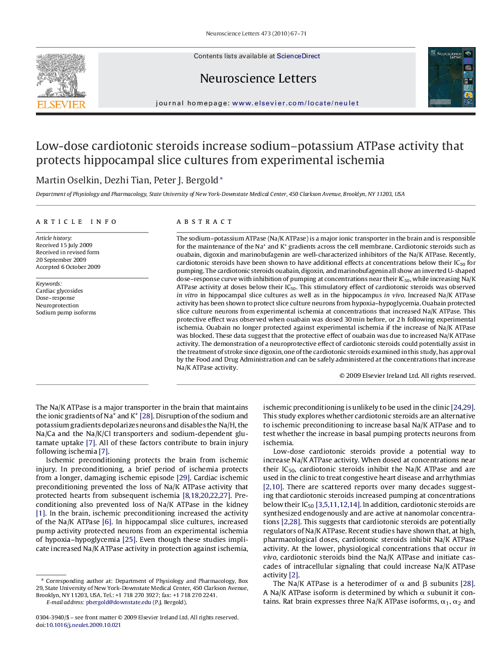 Low-dose cardiotonic steroids increase sodium–potassium ATPase activity that protects hippocampal slice cultures from experimental ischemia