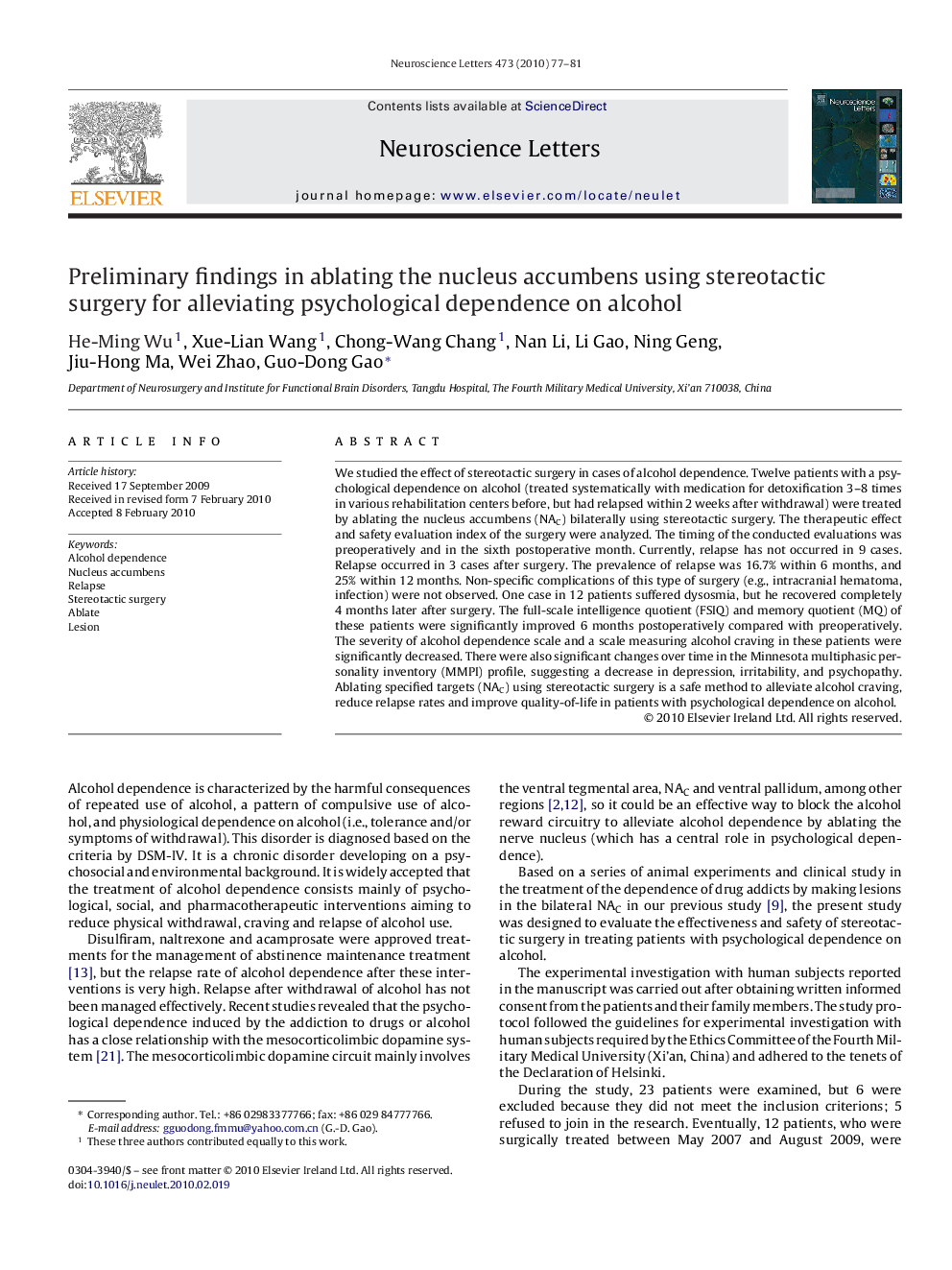 Preliminary findings in ablating the nucleus accumbens using stereotactic surgery for alleviating psychological dependence on alcohol