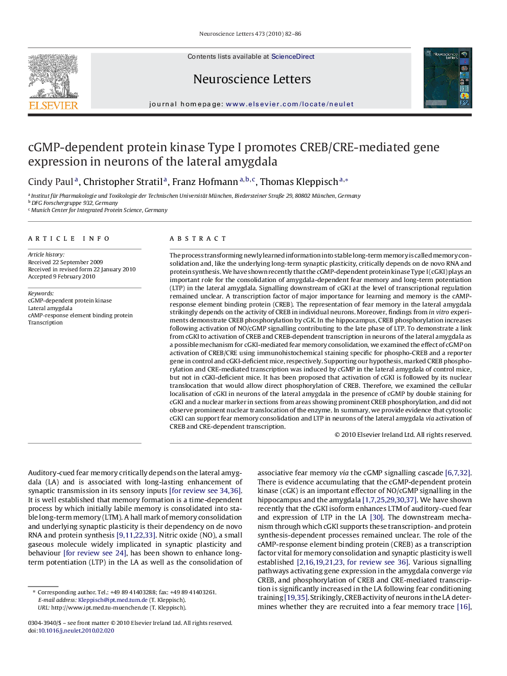 cGMP-dependent protein kinase Type I promotes CREB/CRE-mediated gene expression in neurons of the lateral amygdala