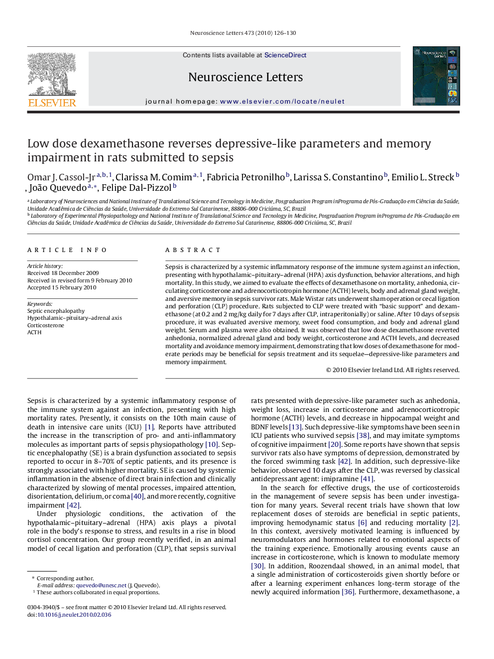 Low dose dexamethasone reverses depressive-like parameters and memory impairment in rats submitted to sepsis