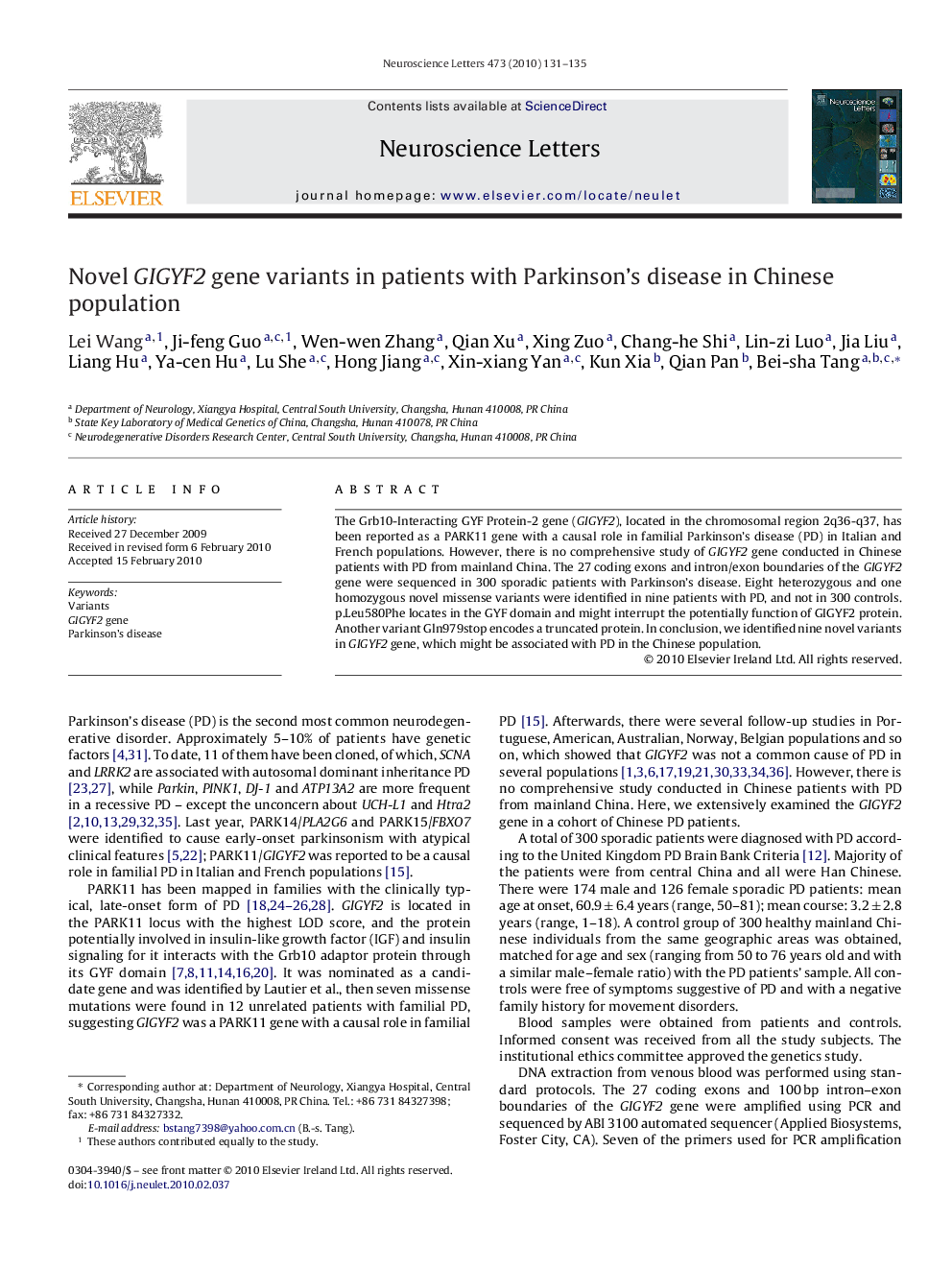 Novel GIGYF2 gene variants in patients with Parkinson's disease in Chinese population