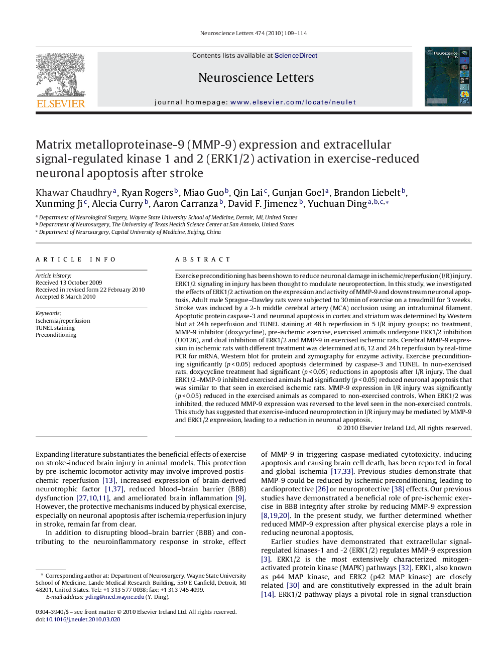 Matrix metalloproteinase-9 (MMP-9) expression and extracellular signal-regulated kinase 1 and 2 (ERK1/2) activation in exercise-reduced neuronal apoptosis after stroke