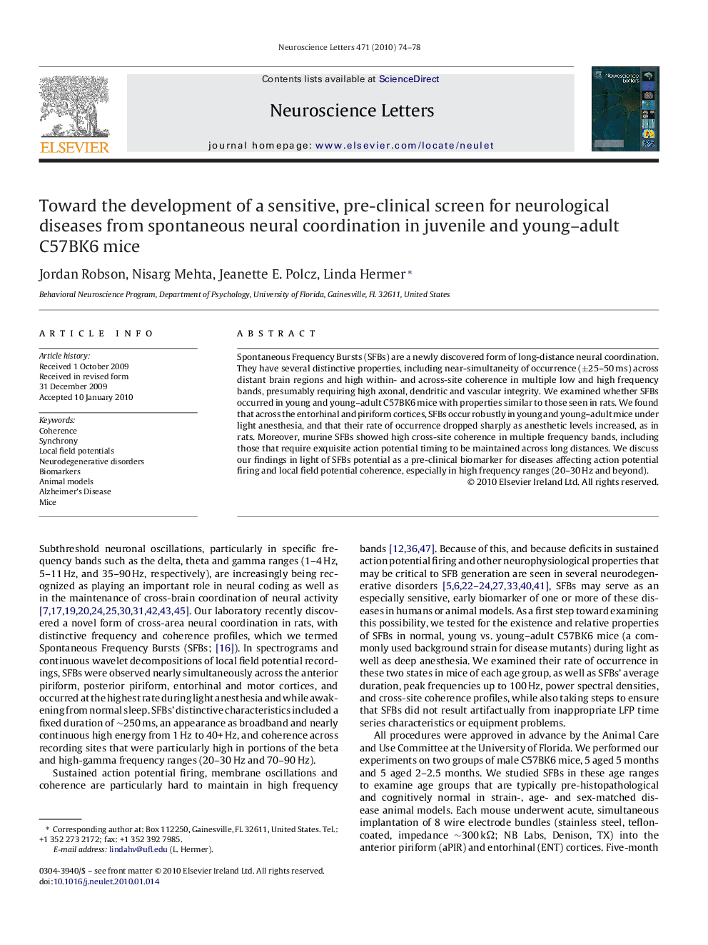 Toward the development of a sensitive, pre-clinical screen for neurological diseases from spontaneous neural coordination in juvenile and young–adult C57BK6 mice