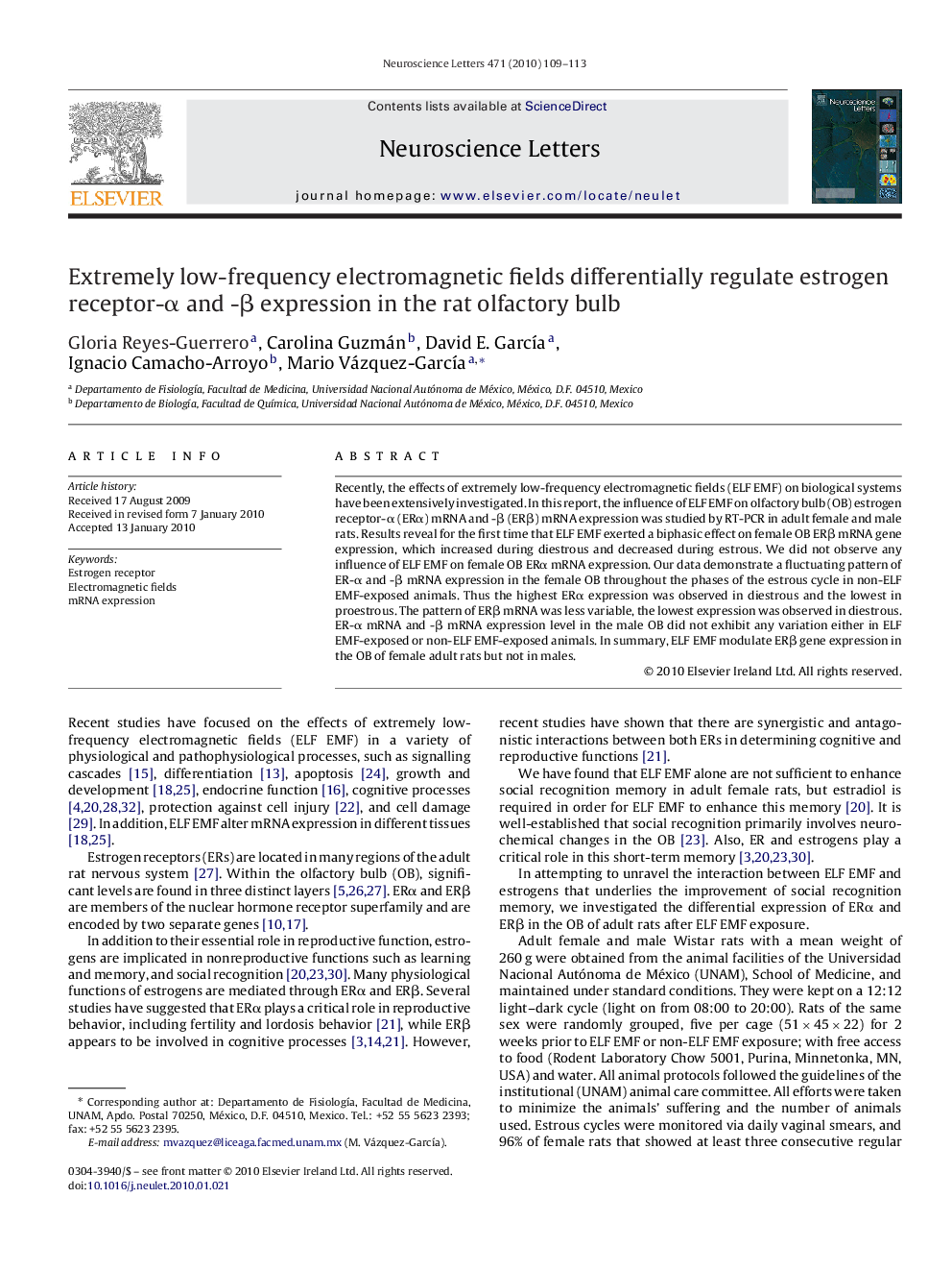 Extremely low-frequency electromagnetic fields differentially regulate estrogen receptor-Î± and -Î² expression in the rat olfactory bulb