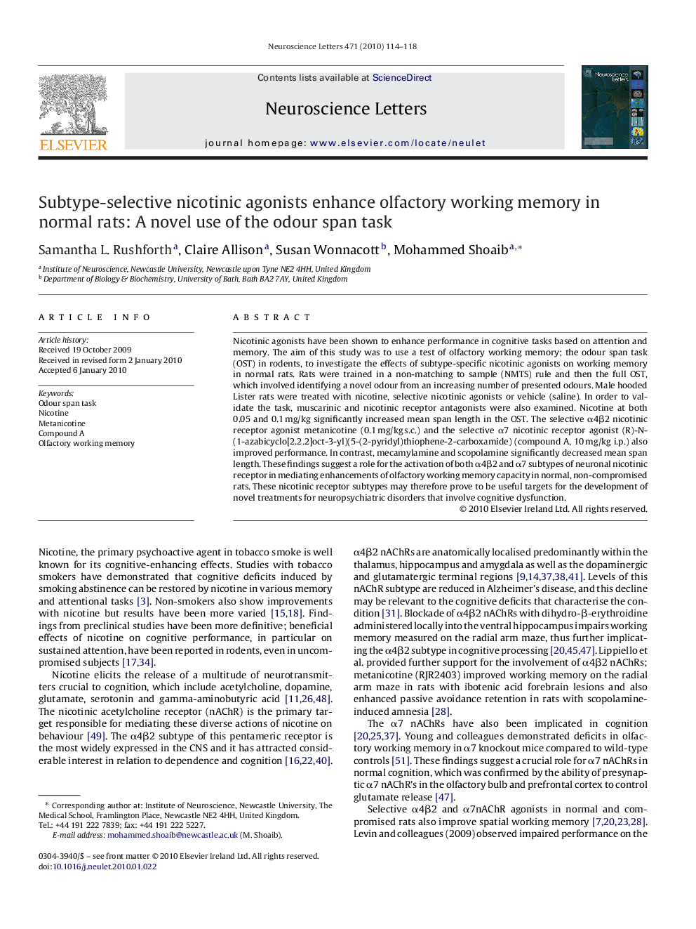 Subtype-selective nicotinic agonists enhance olfactory working memory in normal rats: A novel use of the odour span task