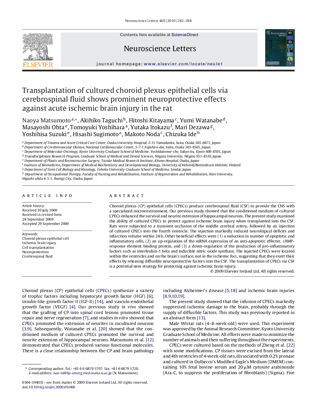 Transplantation of cultured choroid plexus epithelial cells via cerebrospinal fluid shows prominent neuroprotective effects against acute ischemic brain injury in the rat