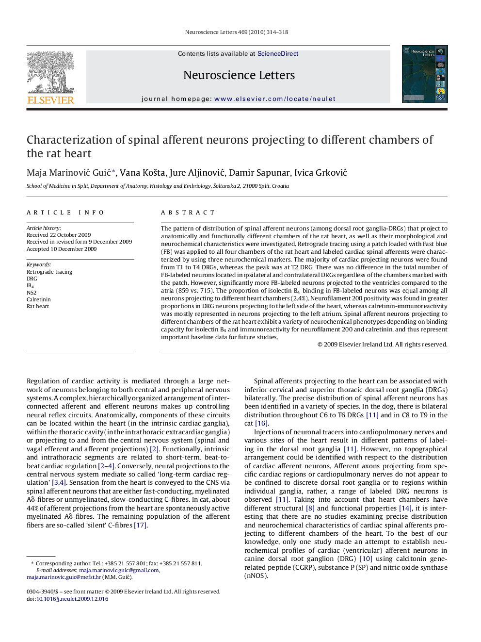 Characterization of spinal afferent neurons projecting to different chambers of the rat heart