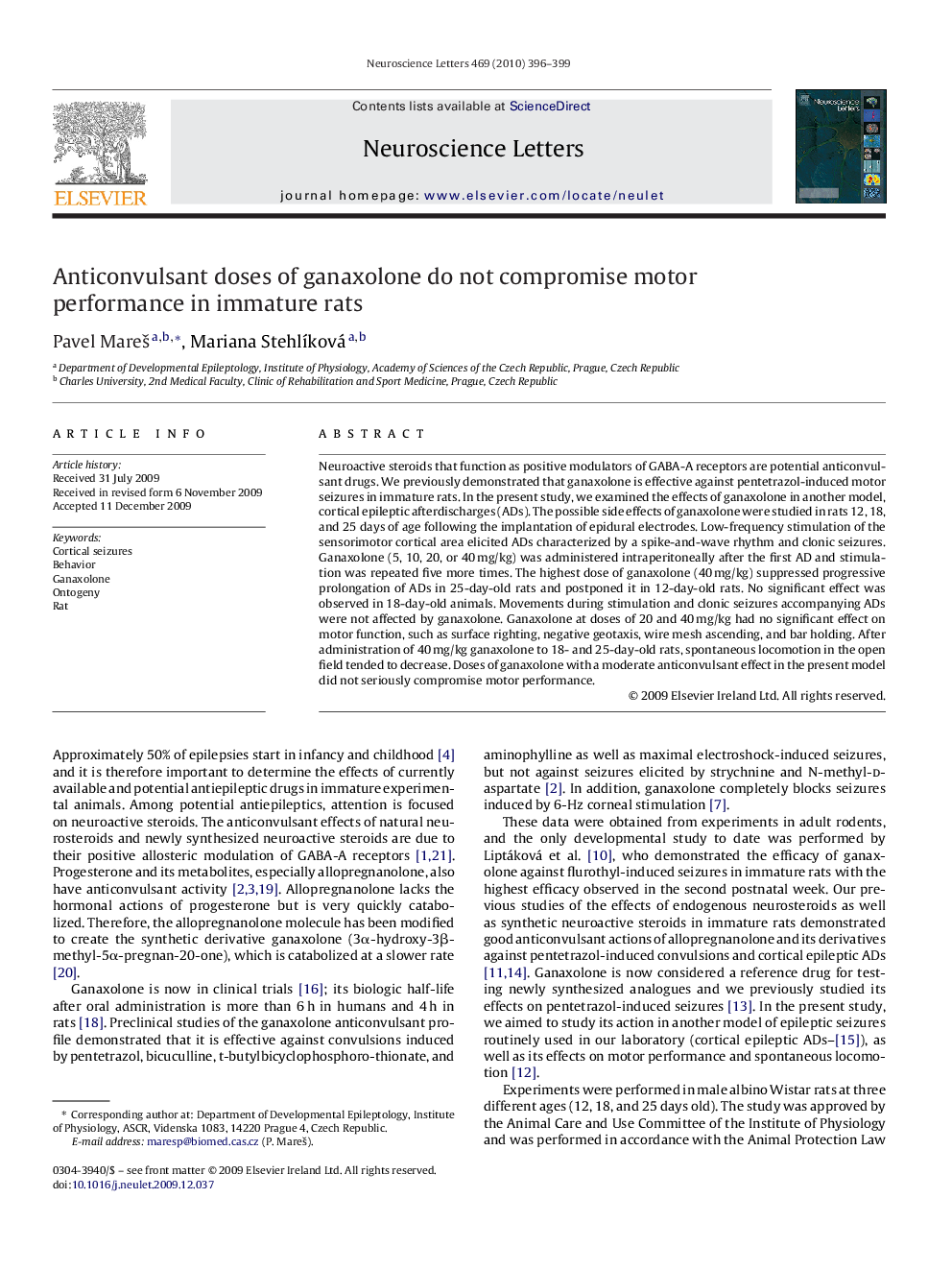 Anticonvulsant doses of ganaxolone do not compromise motor performance in immature rats