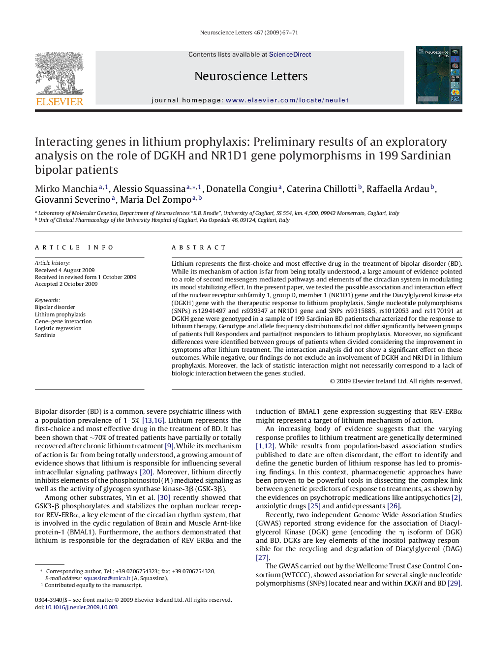 Interacting genes in lithium prophylaxis: Preliminary results of an exploratory analysis on the role of DGKH and NR1D1 gene polymorphisms in 199 Sardinian bipolar patients