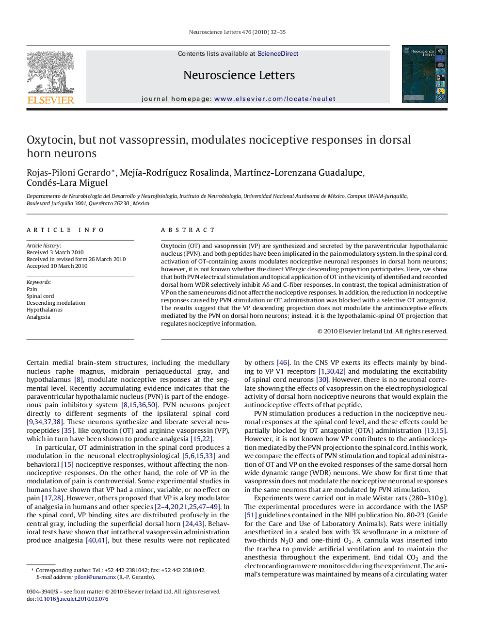 Oxytocin, but not vassopressin, modulates nociceptive responses in dorsal horn neurons