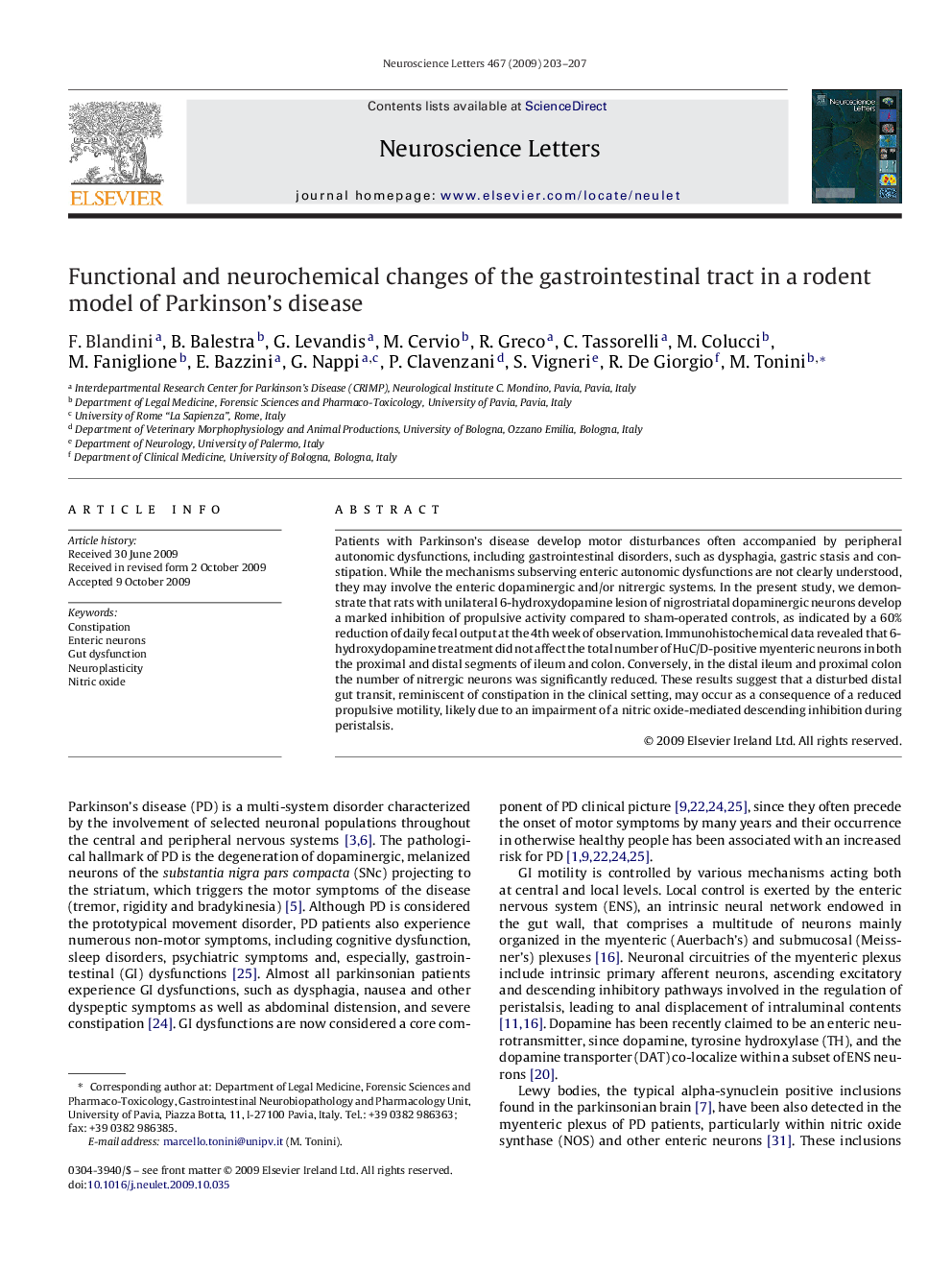 Functional and neurochemical changes of the gastrointestinal tract in a rodent model of Parkinson's disease