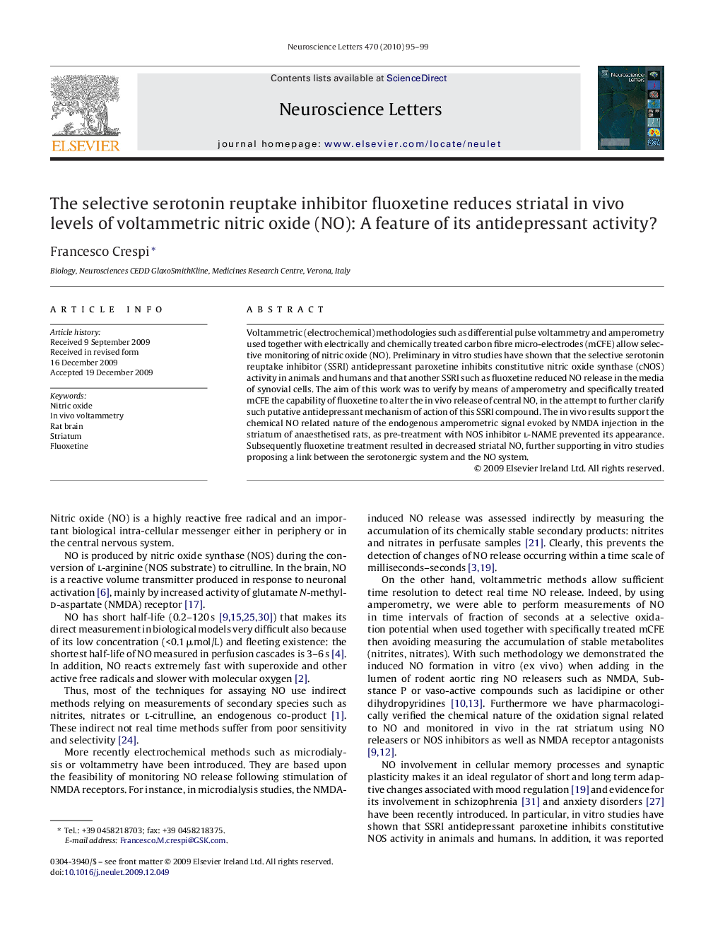 The selective serotonin reuptake inhibitor fluoxetine reduces striatal in vivo levels of voltammetric nitric oxide (NO): A feature of its antidepressant activity?