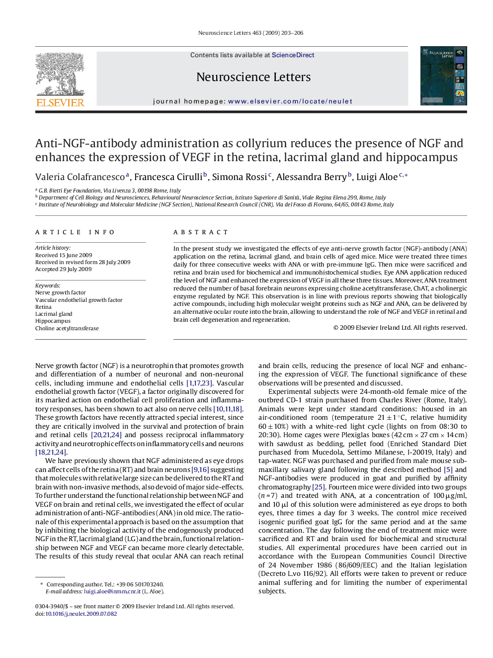 Anti-NGF-antibody administration as collyrium reduces the presence of NGF and enhances the expression of VEGF in the retina, lacrimal gland and hippocampus