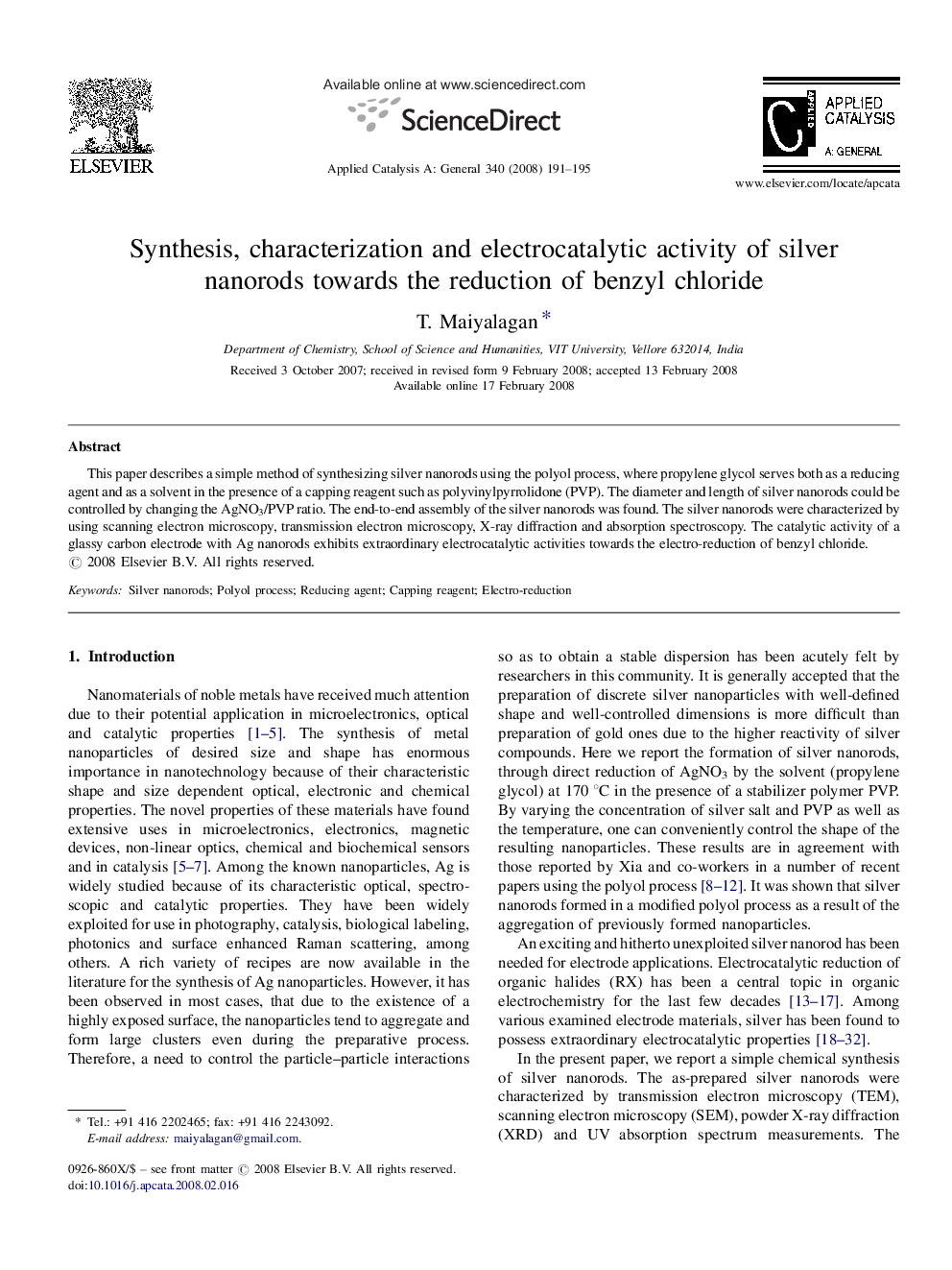 Synthesis, characterization and electrocatalytic activity of silver nanorods towards the reduction of benzyl chloride