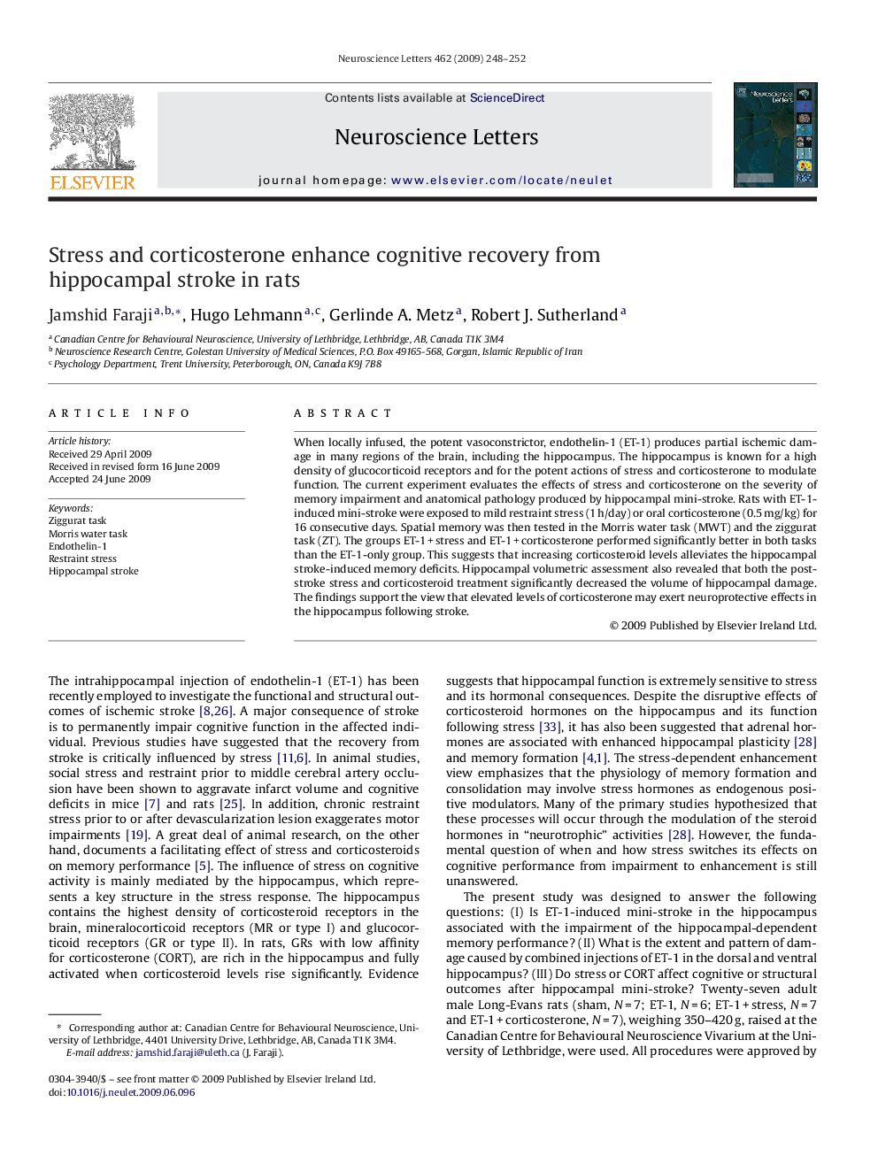 Stress and corticosterone enhance cognitive recovery from hippocampal stroke in rats