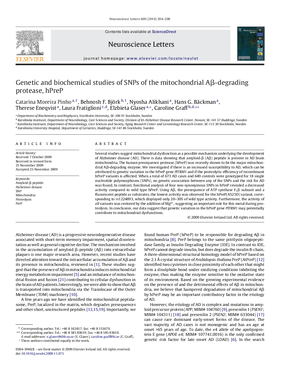 Genetic and biochemical studies of SNPs of the mitochondrial Aβ-degrading protease, hPreP