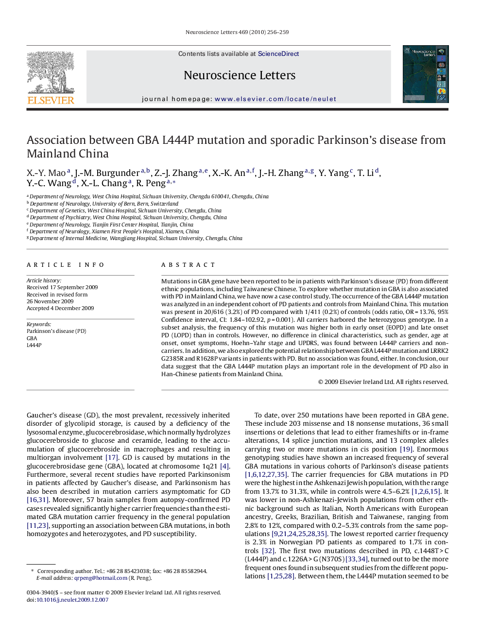 Association between GBA L444P mutation and sporadic Parkinson's disease from Mainland China