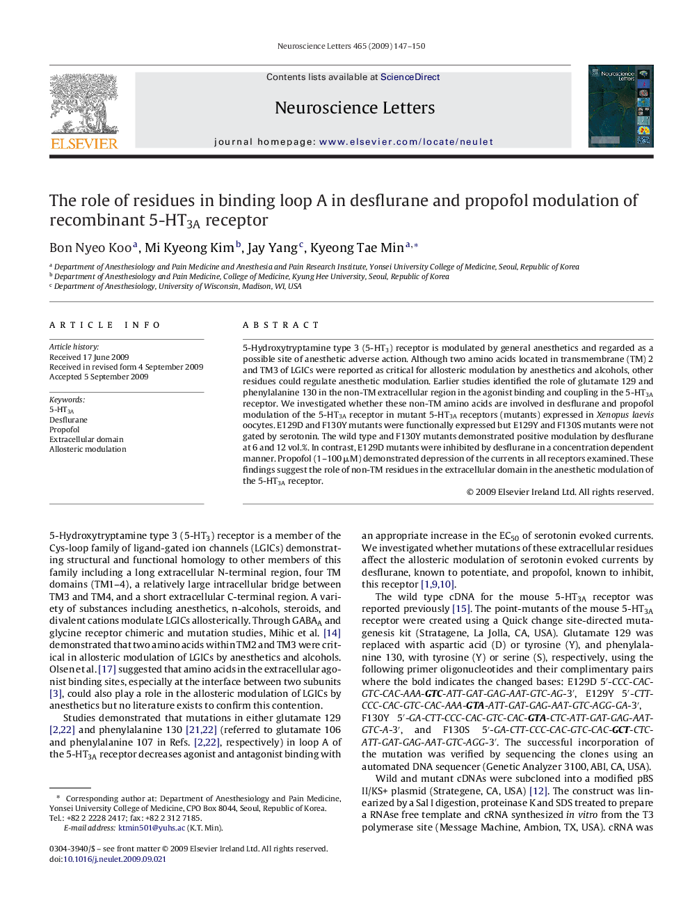 The role of residues in binding loop A in desflurane and propofol modulation of recombinant 5-HT3A receptor