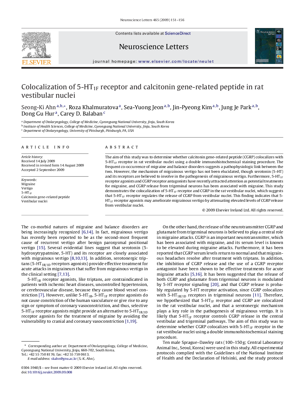 Colocalization of 5-HT1F receptor and calcitonin gene-related peptide in rat vestibular nuclei