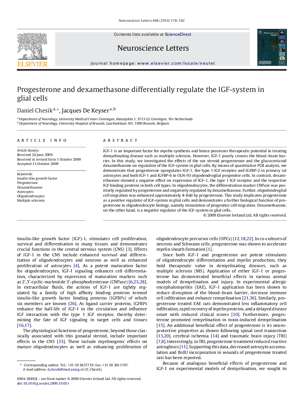 Progesterone and dexamethasone differentially regulate the IGF-system in glial cells