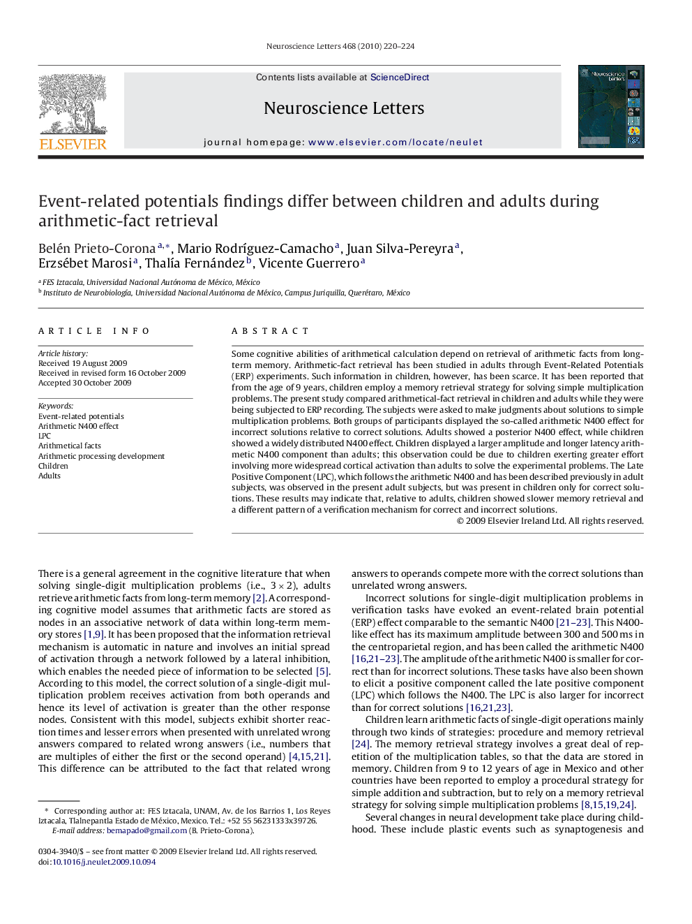 Event-related potentials findings differ between children and adults during arithmetic-fact retrieval