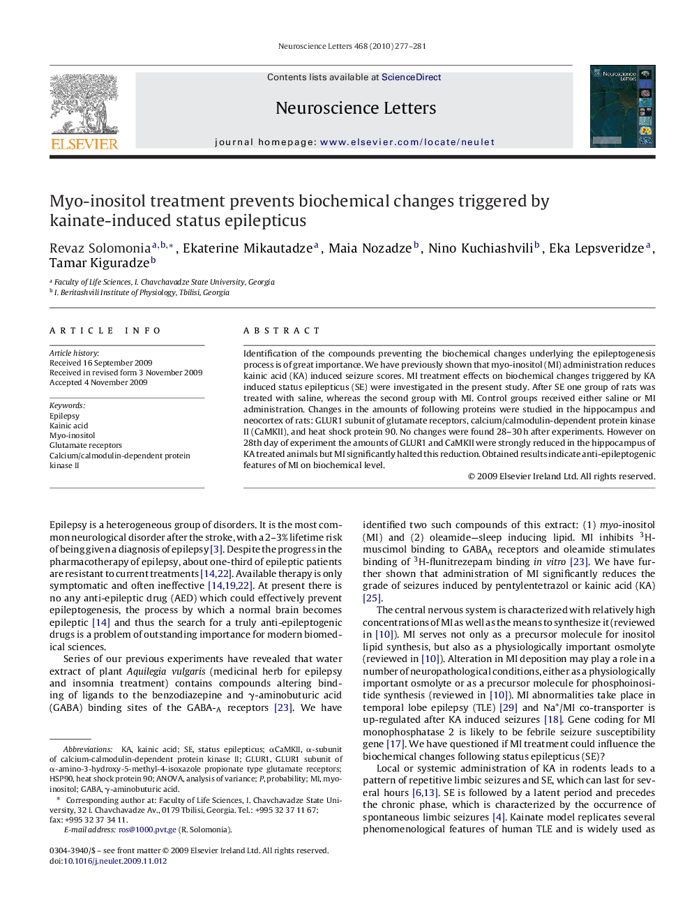 Myo-inositol treatment prevents biochemical changes triggered by kainate-induced status epilepticus