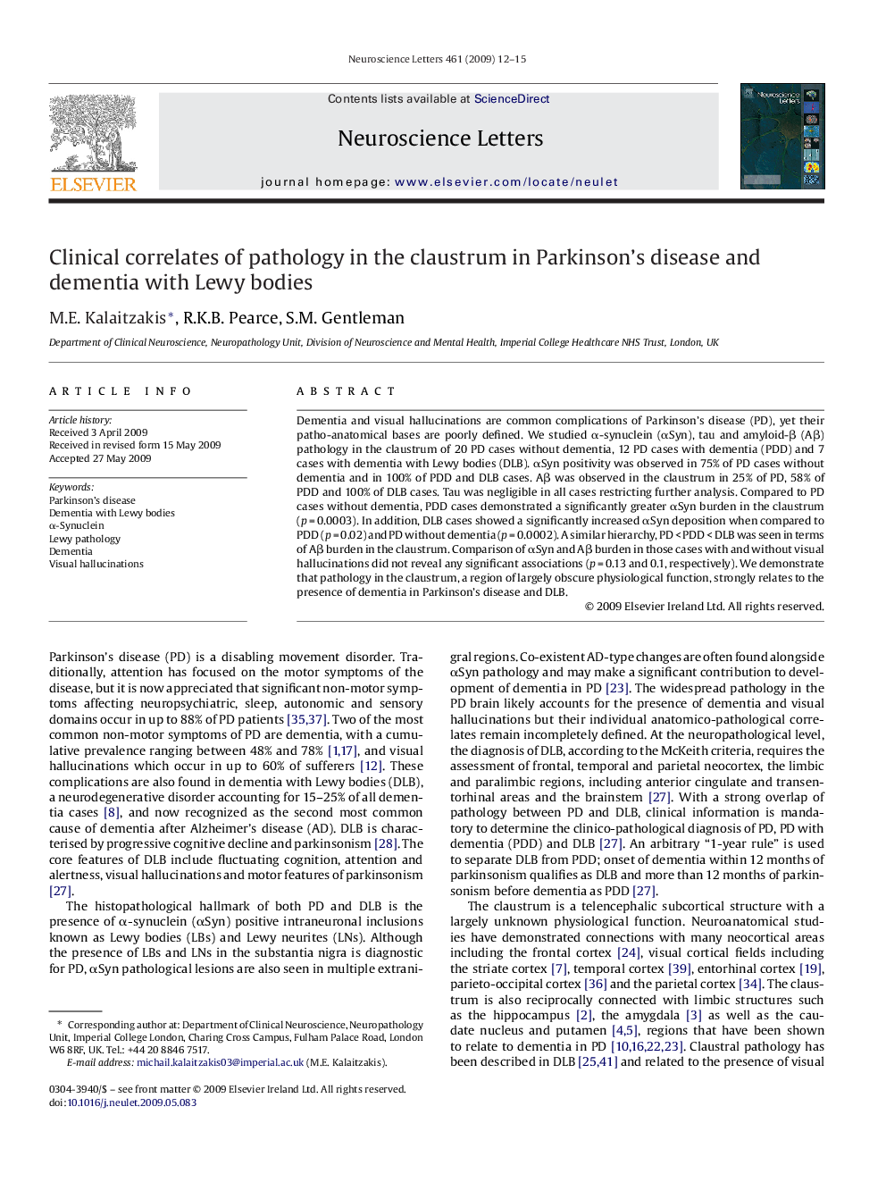 Clinical correlates of pathology in the claustrum in Parkinson's disease and dementia with Lewy bodies