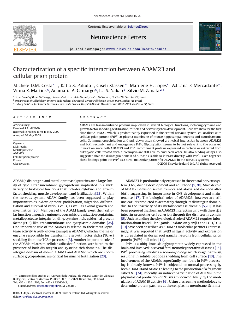 Characterization of a specific interaction between ADAM23 and cellular prion protein