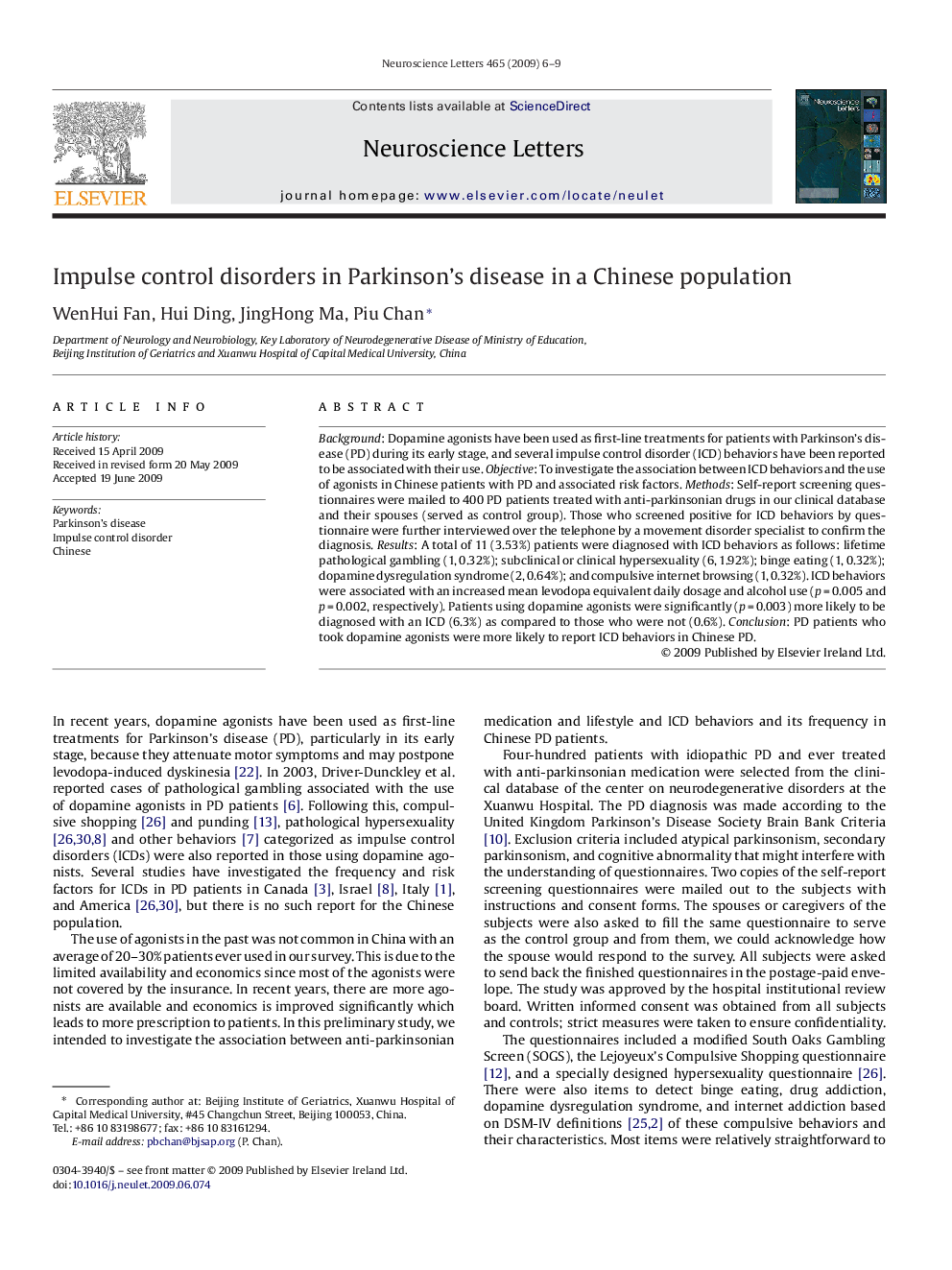 Impulse control disorders in Parkinson's disease in a Chinese population