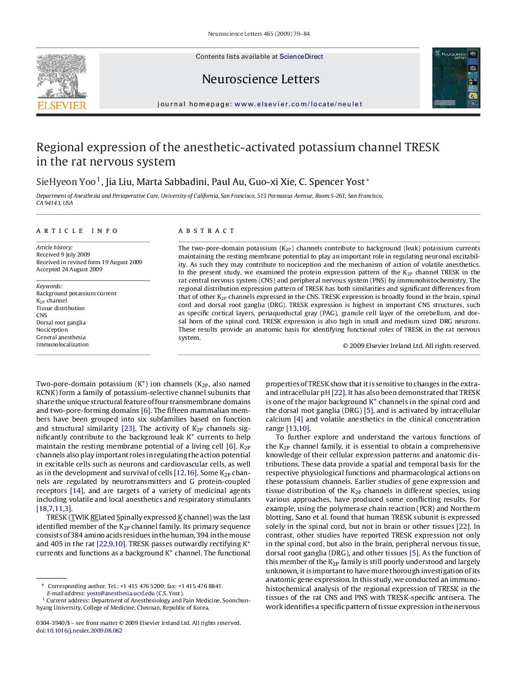 عکس صفحه اول مقاله: Regional expression of the anesthetic-activated potassium channel TRESK in the rat nervous system Regional expression of the anesthetic-activated potassium channel TRESK in the rat nervous system