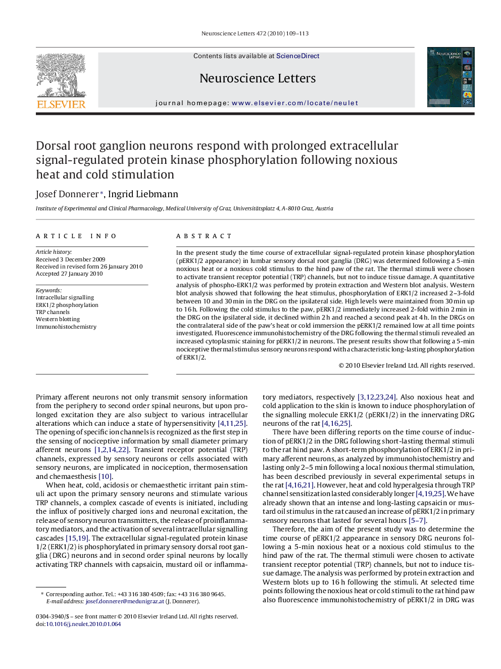 Dorsal root ganglion neurons respond with prolonged extracellular signal-regulated protein kinase phosphorylation following noxious heat and cold stimulation