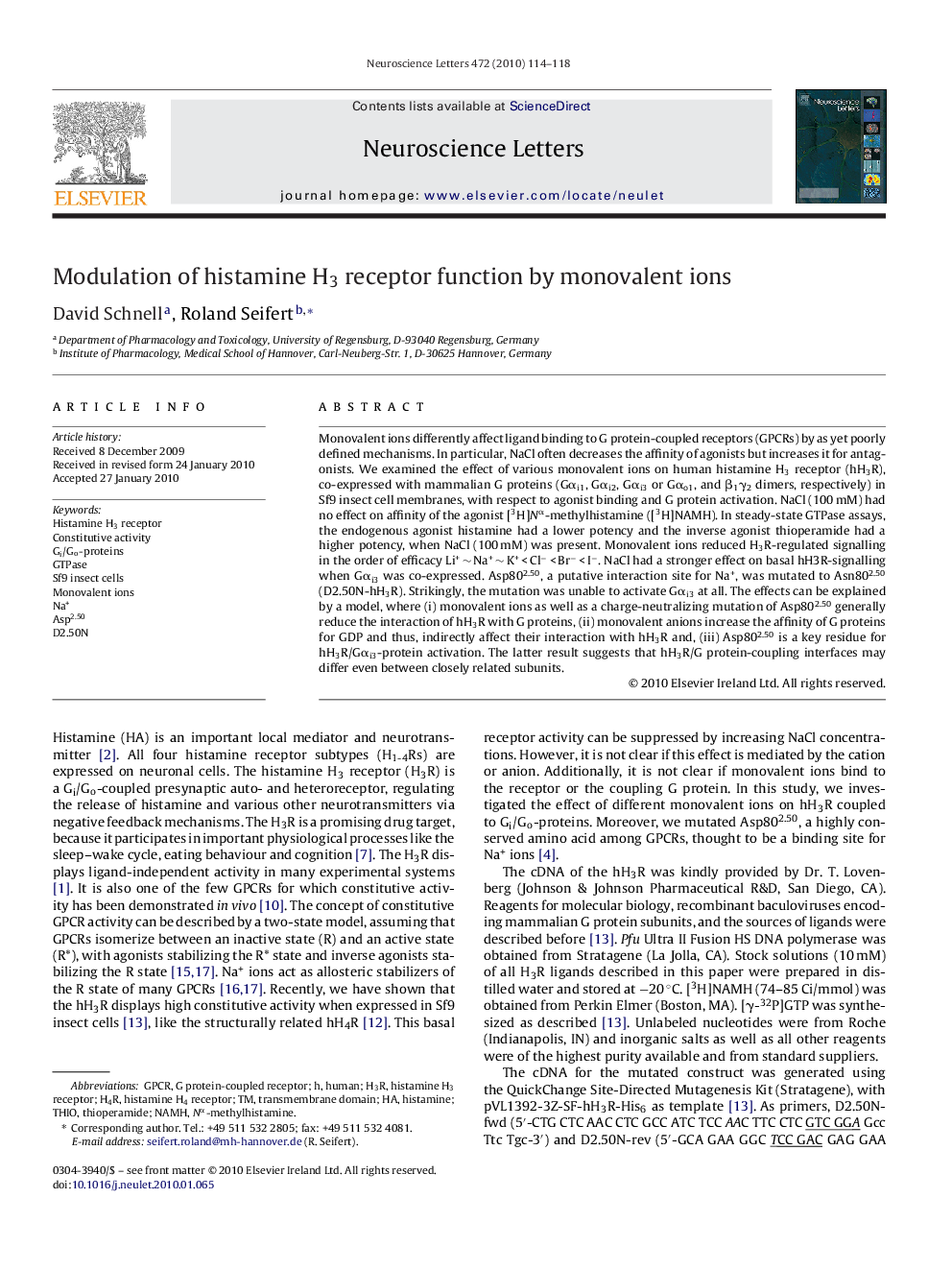 Modulation of histamine H3 receptor function by monovalent ions