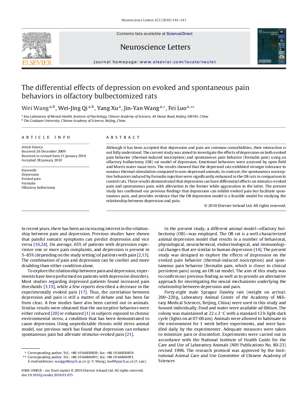 The differential effects of depression on evoked and spontaneous pain behaviors in olfactory bulbectomized rats