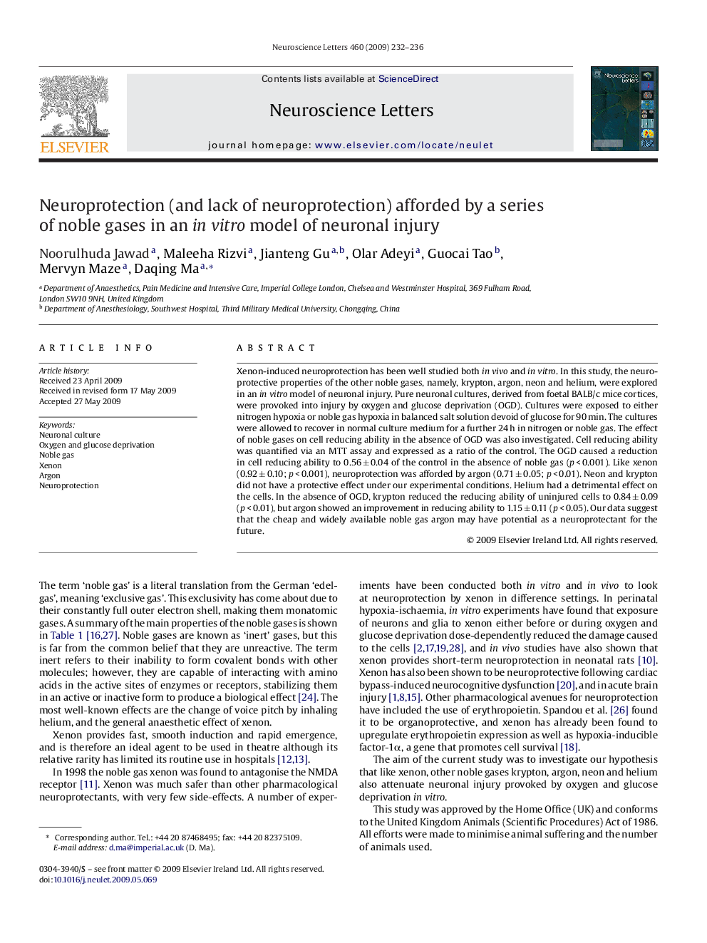 Neuroprotection (and lack of neuroprotection) afforded by a series of noble gases in an in vitro model of neuronal injury