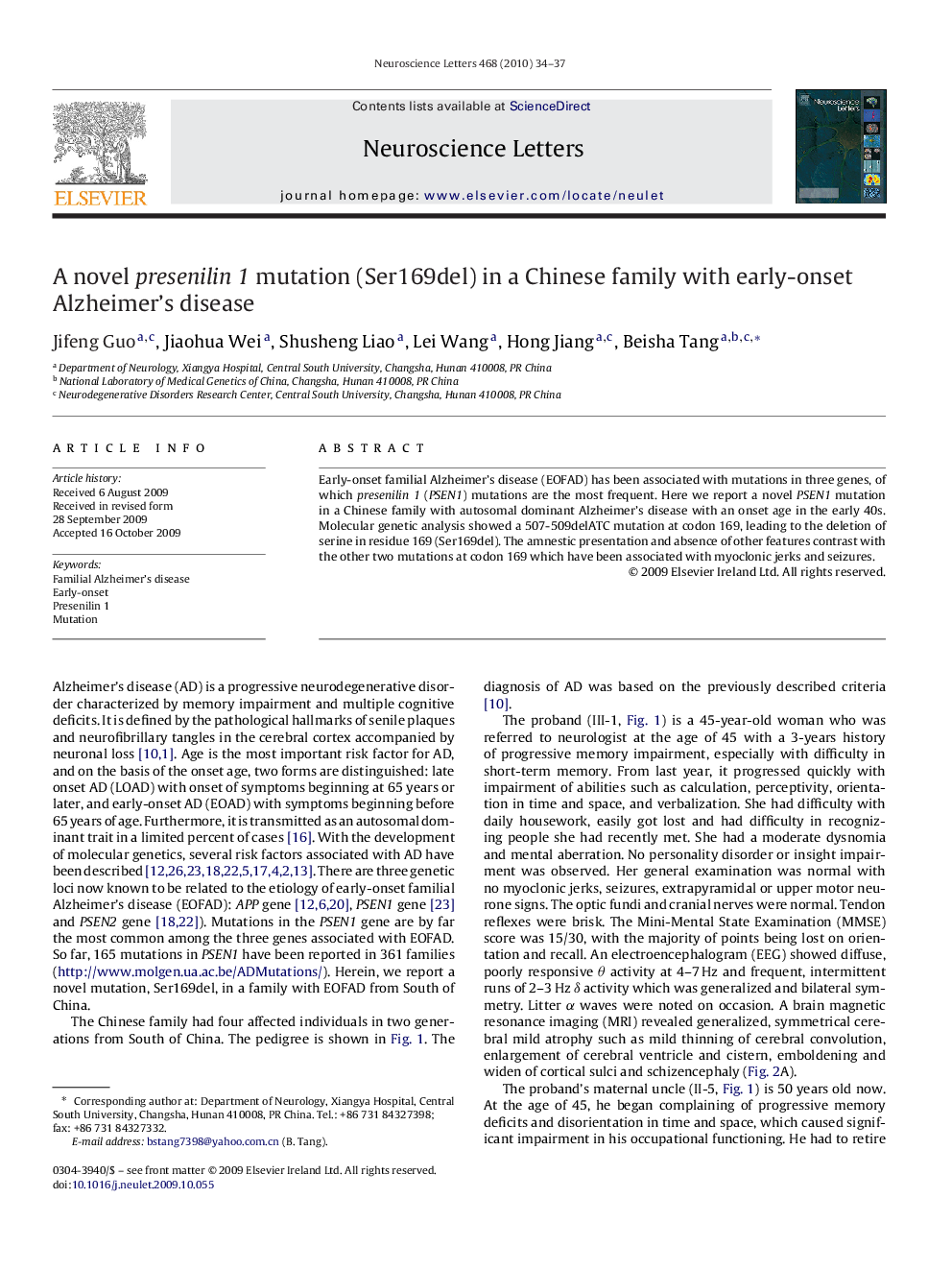 A novel presenilin 1 mutation (Ser169del) in a Chinese family with early-onset Alzheimer's disease