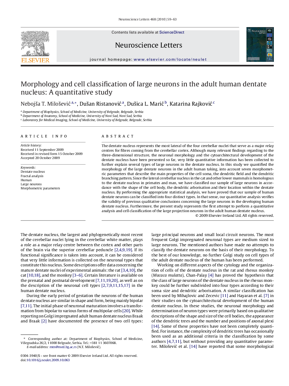 Morphology and cell classification of large neurons in the adult human dentate nucleus: A quantitative study