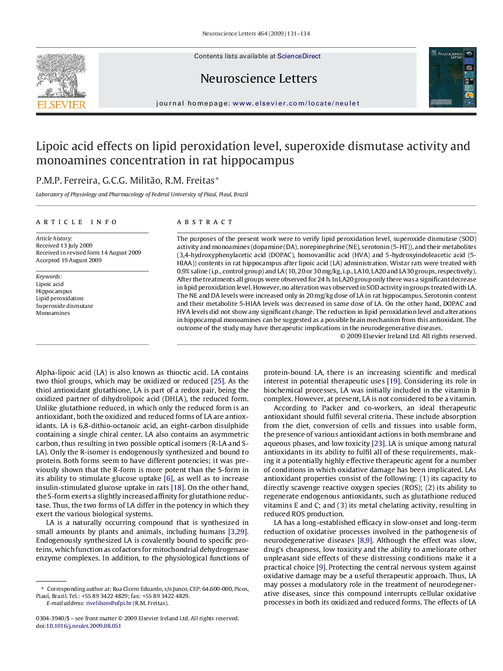 Lipoic acid effects on lipid peroxidation level, superoxide dismutase activity and monoamines concentration in rat hippocampus