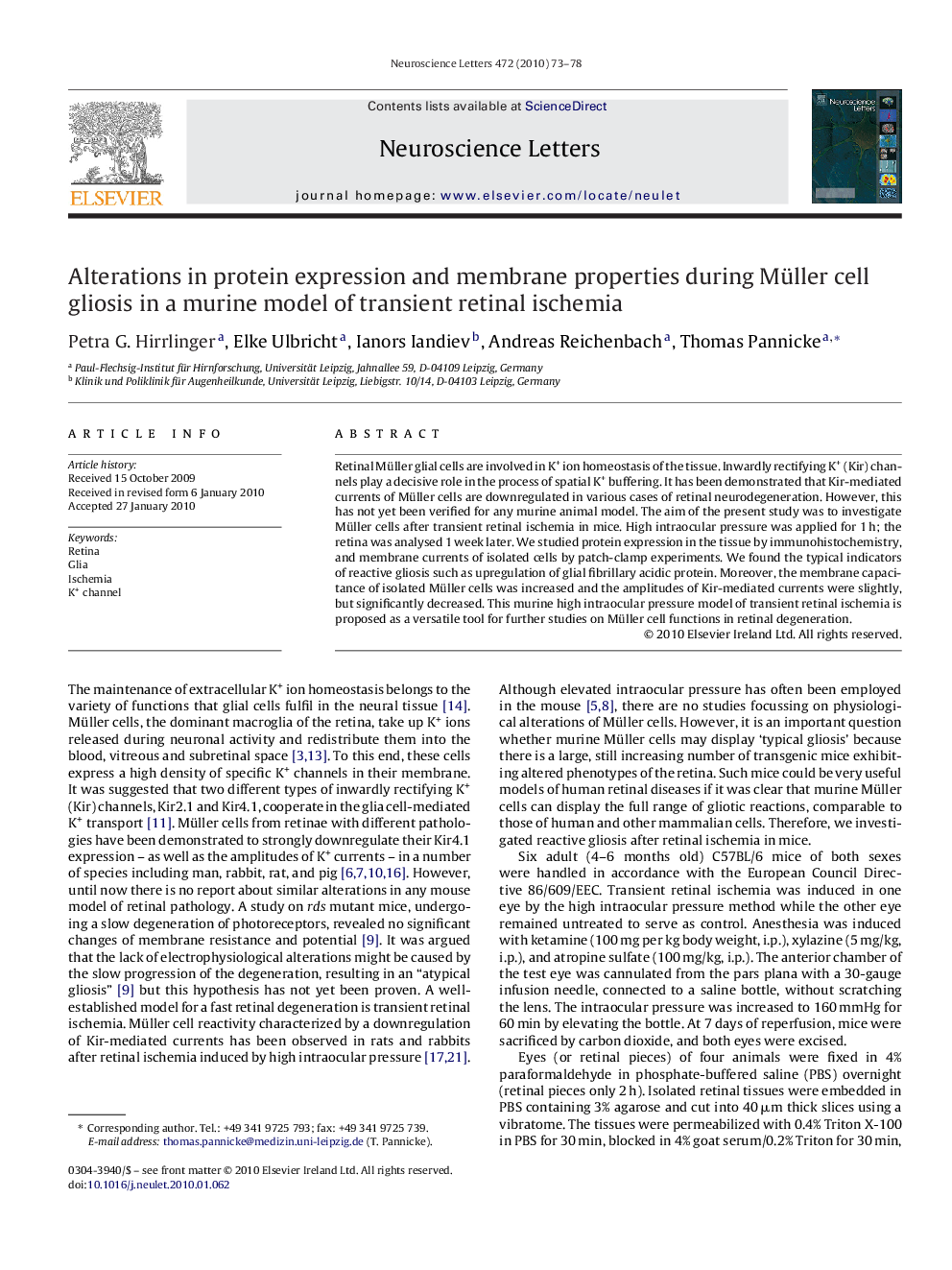 Alterations in protein expression and membrane properties during Müller cell gliosis in a murine model of transient retinal ischemia