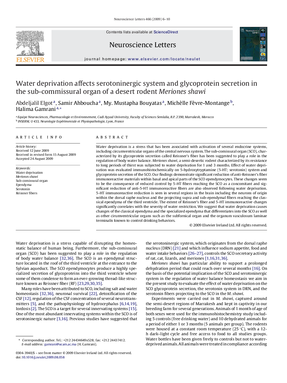 Water deprivation affects serotoninergic system and glycoprotein secretion in the sub-commissural organ of a desert rodent Meriones shawi