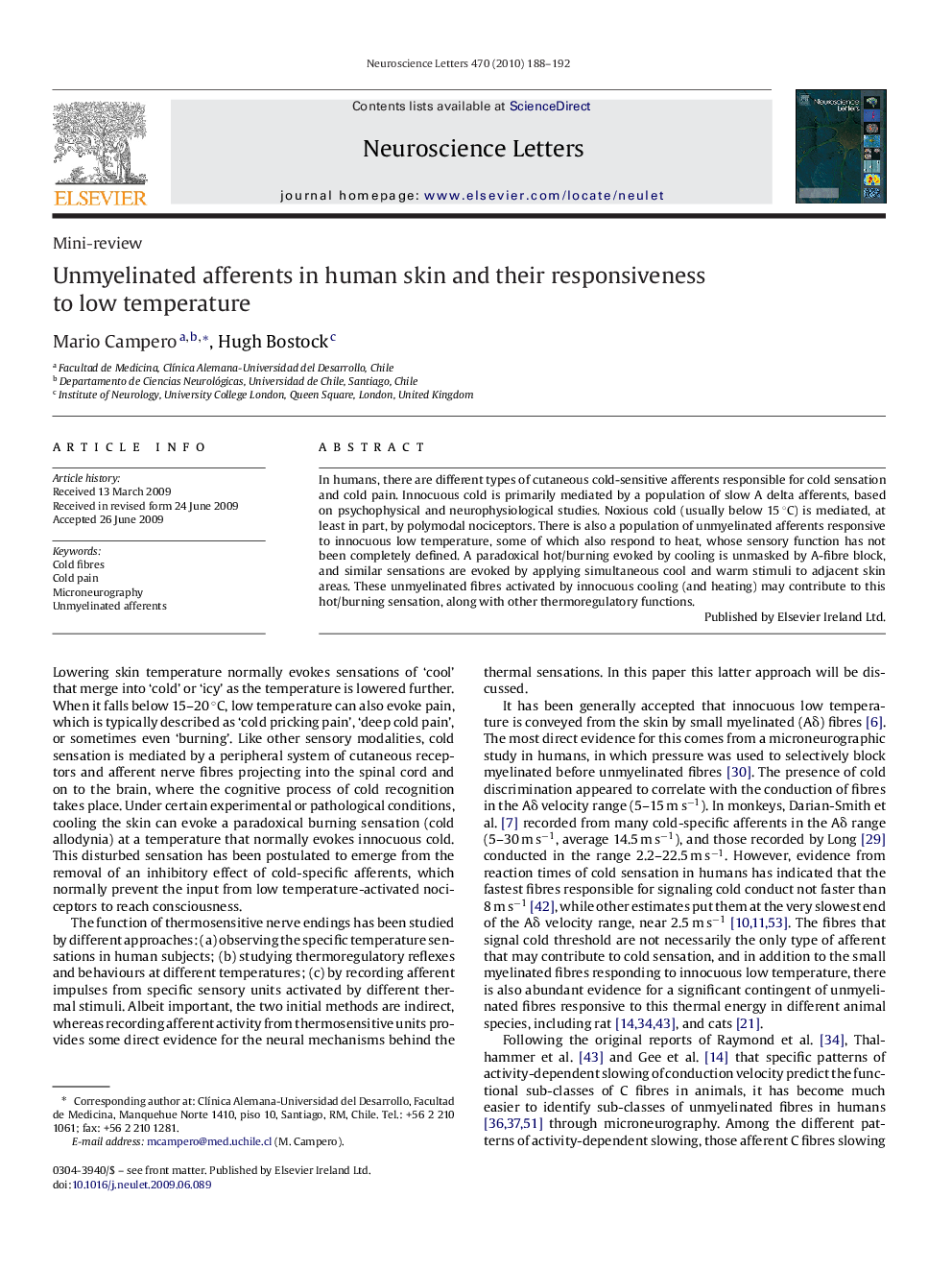 Unmyelinated afferents in human skin and their responsiveness to low temperature