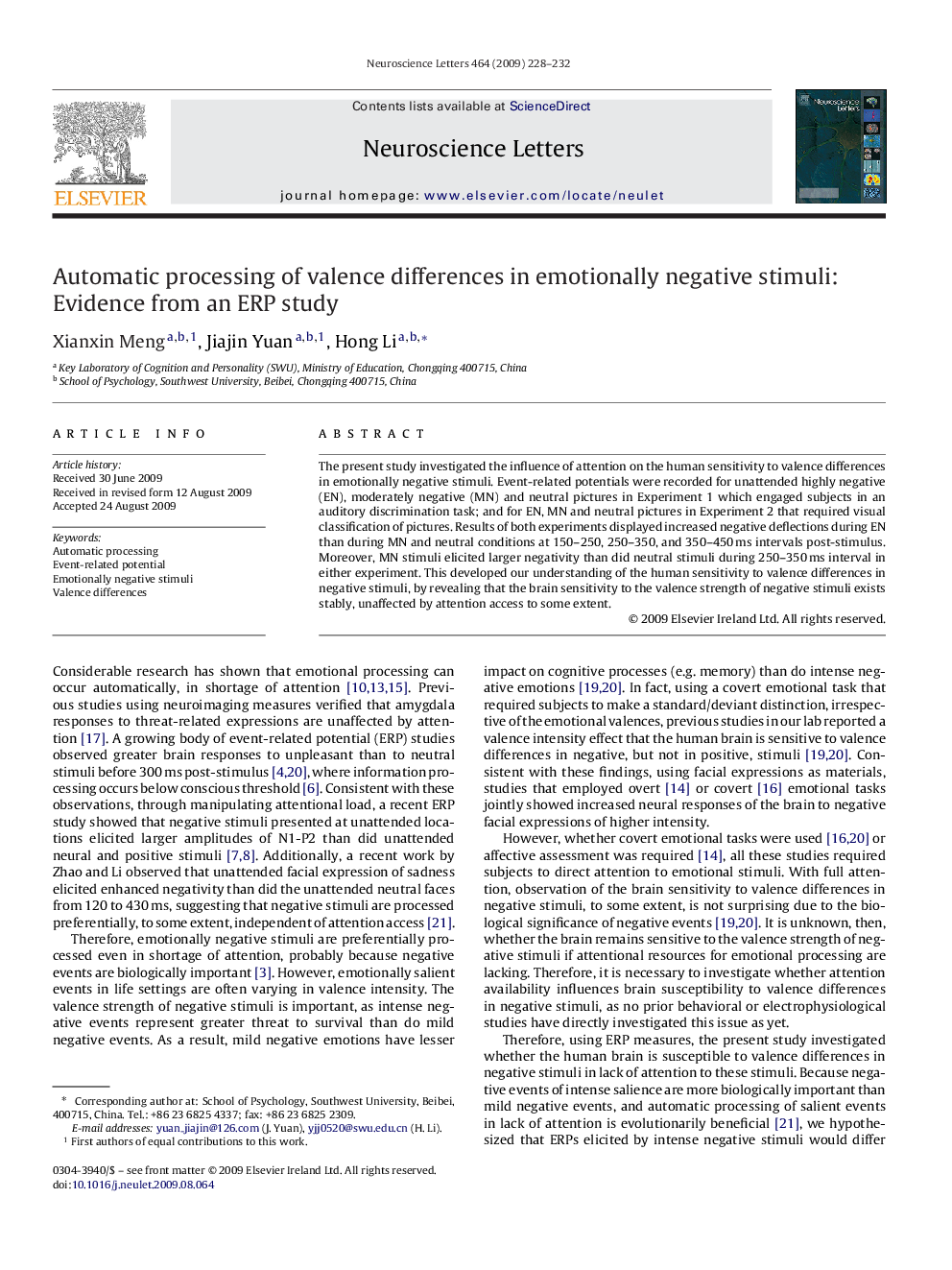 Automatic processing of valence differences in emotionally negative stimuli: Evidence from an ERP study