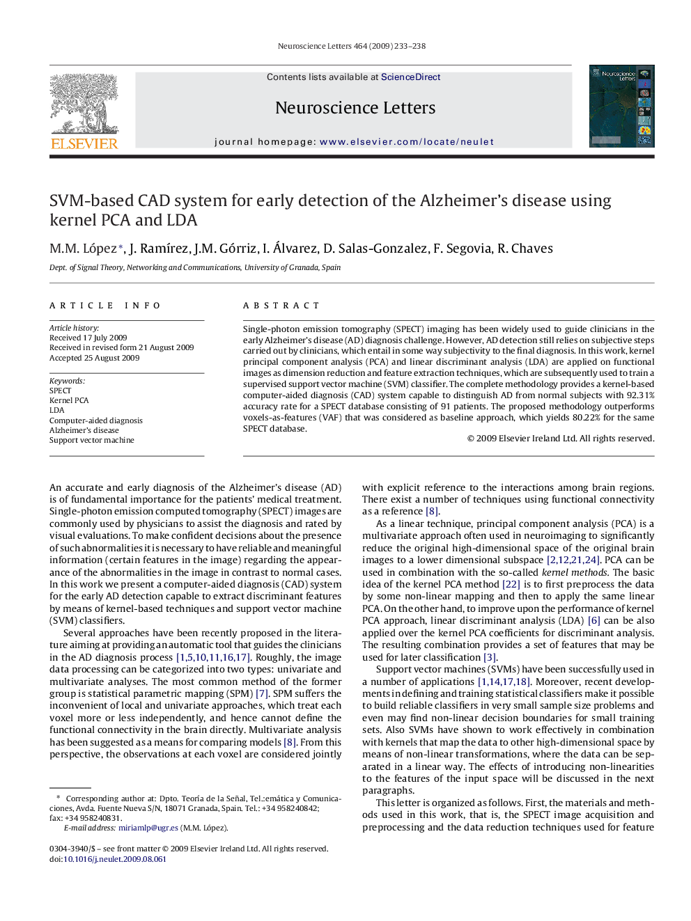 SVM-based CAD system for early detection of the Alzheimer's disease using kernel PCA and LDA