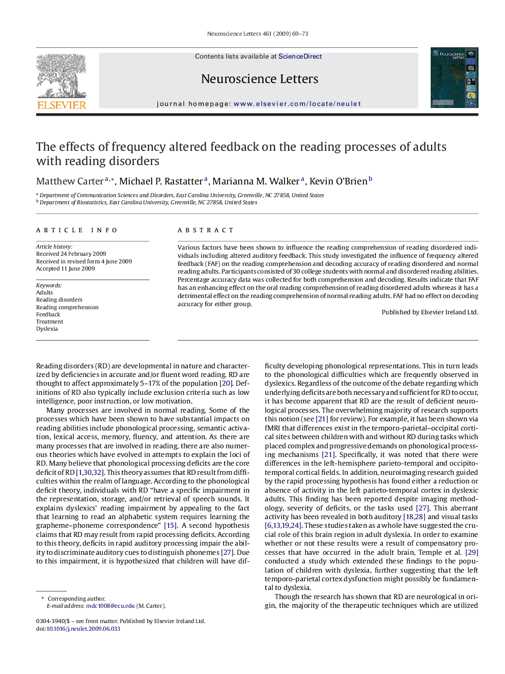 The effects of frequency altered feedback on the reading processes of adults with reading disorders