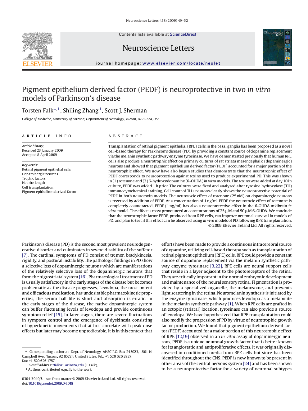 Pigment epithelium derived factor (PEDF) is neuroprotective in two in vitro models of Parkinson's disease