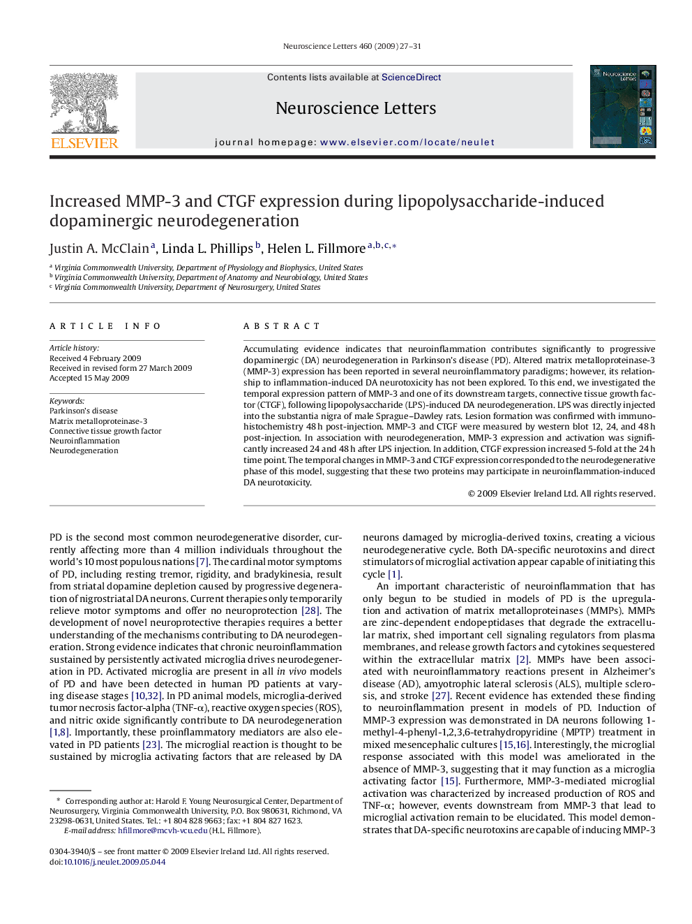 Increased MMP-3 and CTGF expression during lipopolysaccharide-induced dopaminergic neurodegeneration