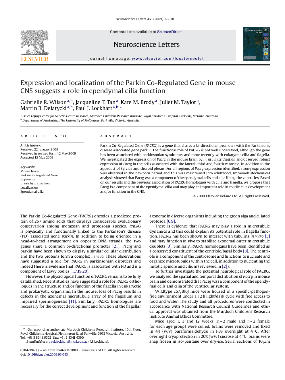 Expression and localization of the Parkin Co-Regulated Gene in mouse CNS suggests a role in ependymal cilia function