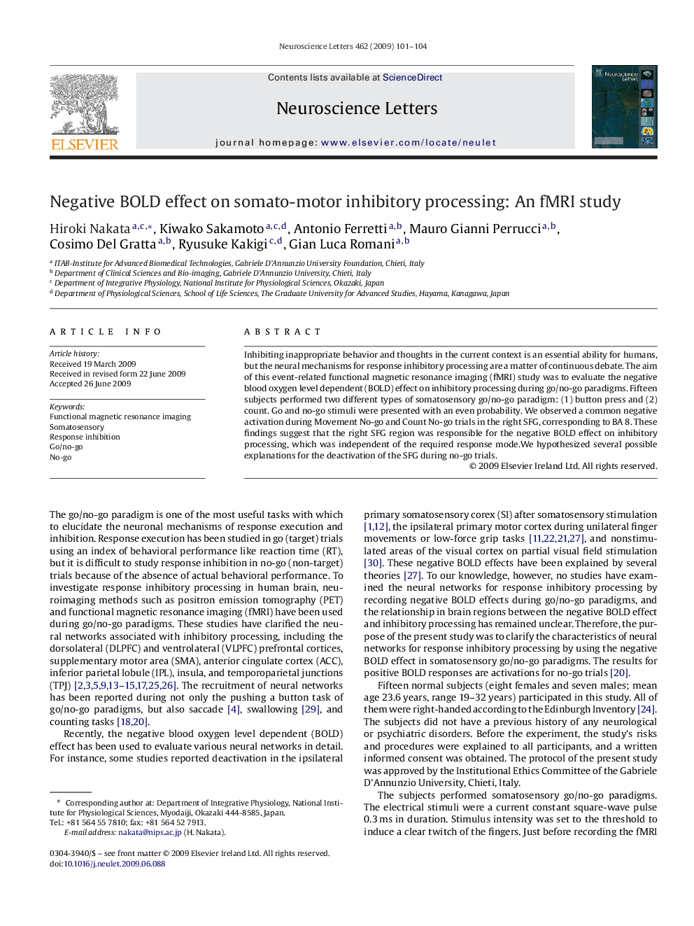 Negative BOLD effect on somato-motor inhibitory processing: An fMRI study