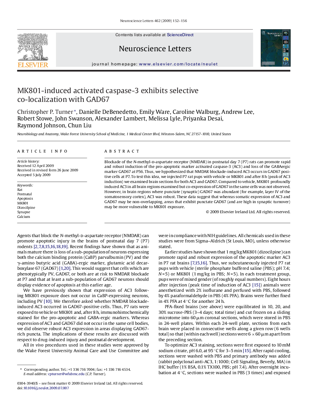 MK801-induced activated caspase-3 exhibits selective co-localization with GAD67