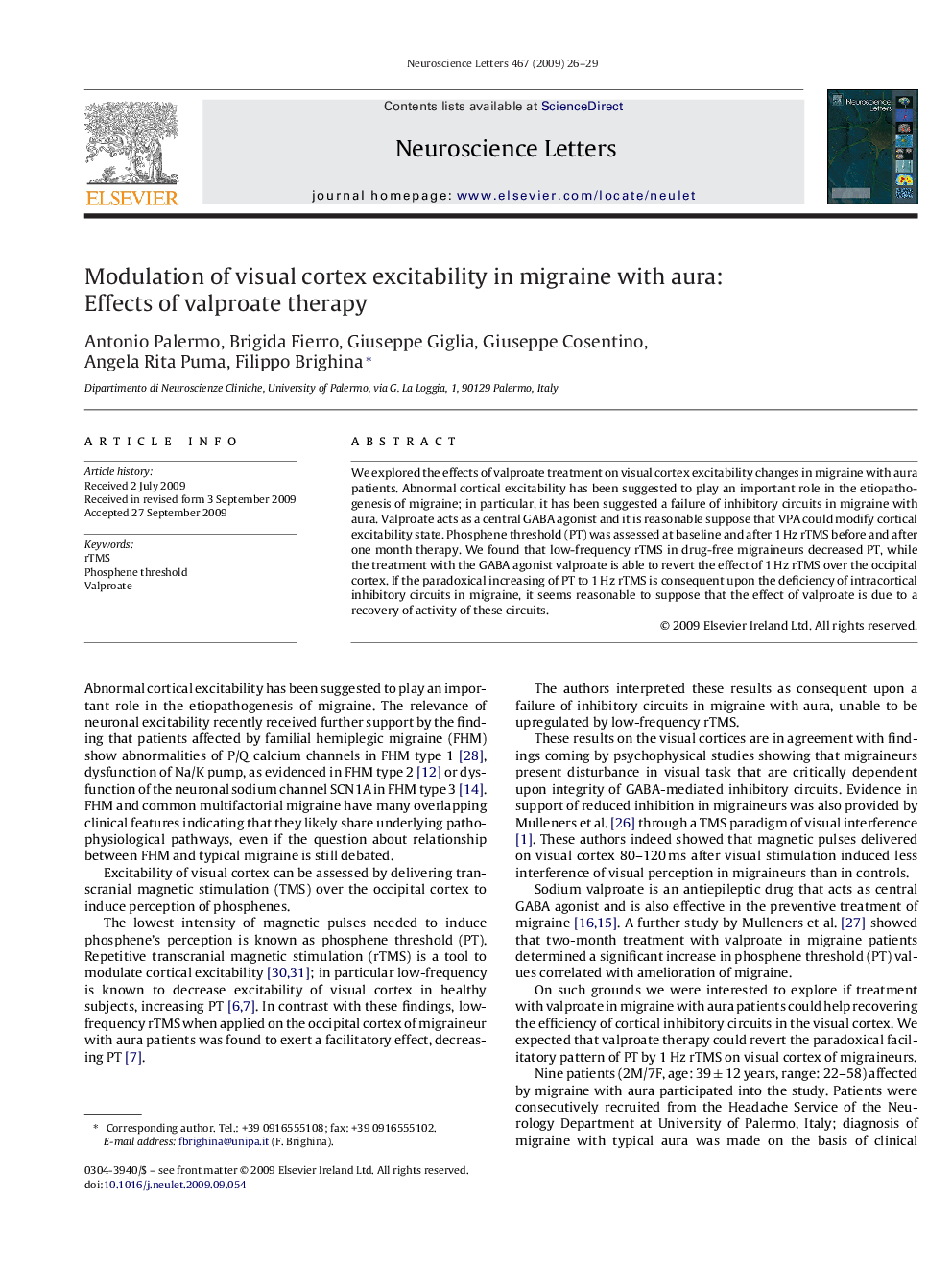 Modulation of visual cortex excitability in migraine with aura: Effects of valproate therapy